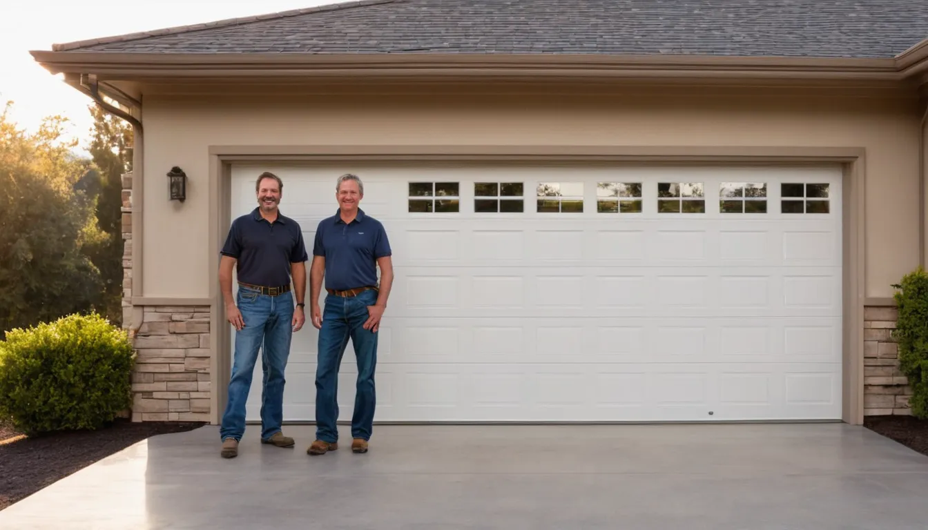 A friendly provider checking a newly installed garage door on a home in Woodside