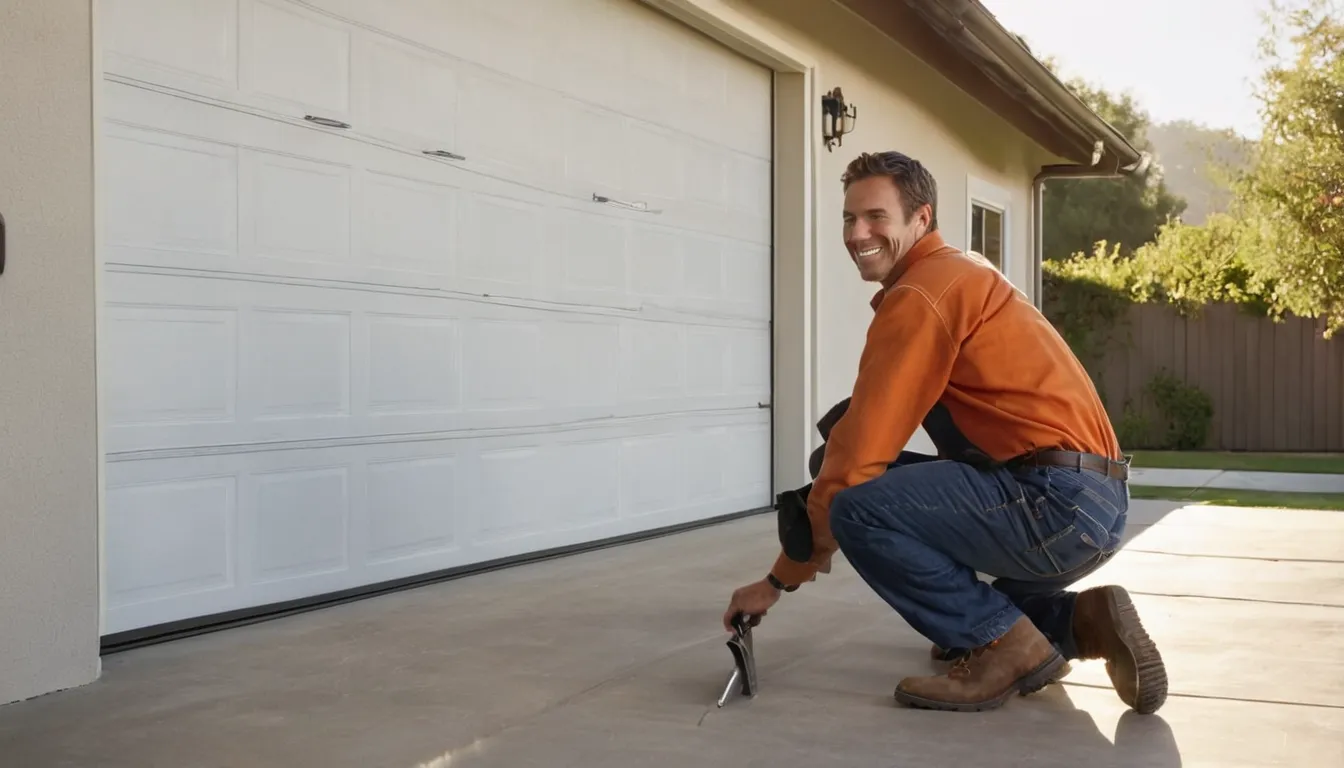 Friendly garage door provider checking the track of a residential garage door in Woodside