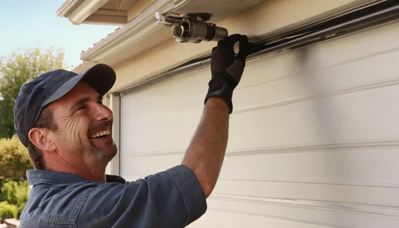 A local garage door provider checking a spring above a residential garage door in Woodside