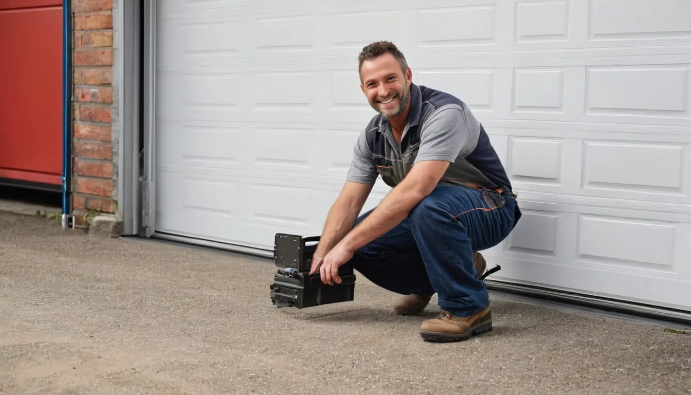 A provider checking a garage door track in the Woodside area